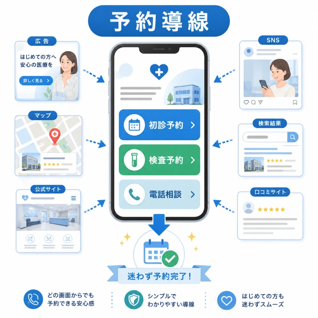 広告やマップから初診予約と検査予約へ迷わず進める予約導線を示すイラスト