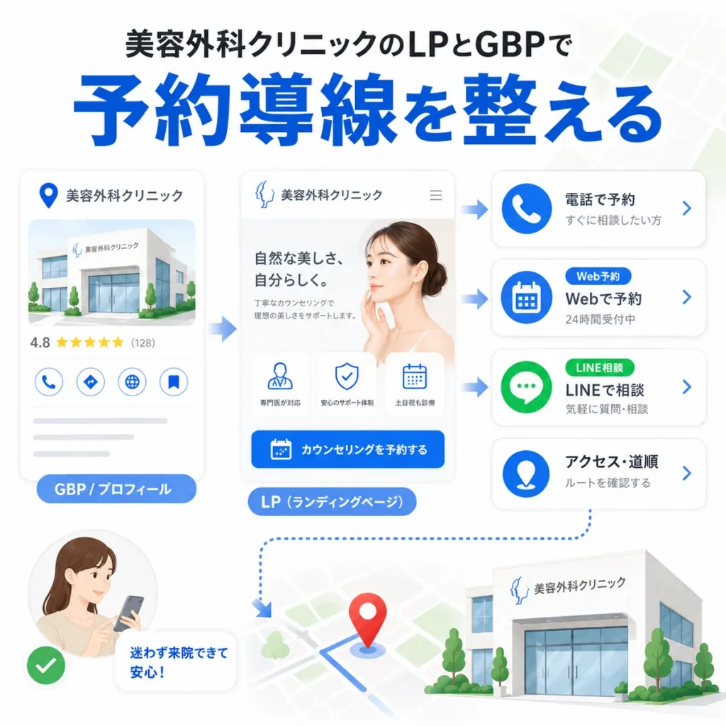 美容外科クリニックのLPとGBPから電話・Web予約・LINE相談・経路案内へつなぐ予約導線のイラスト