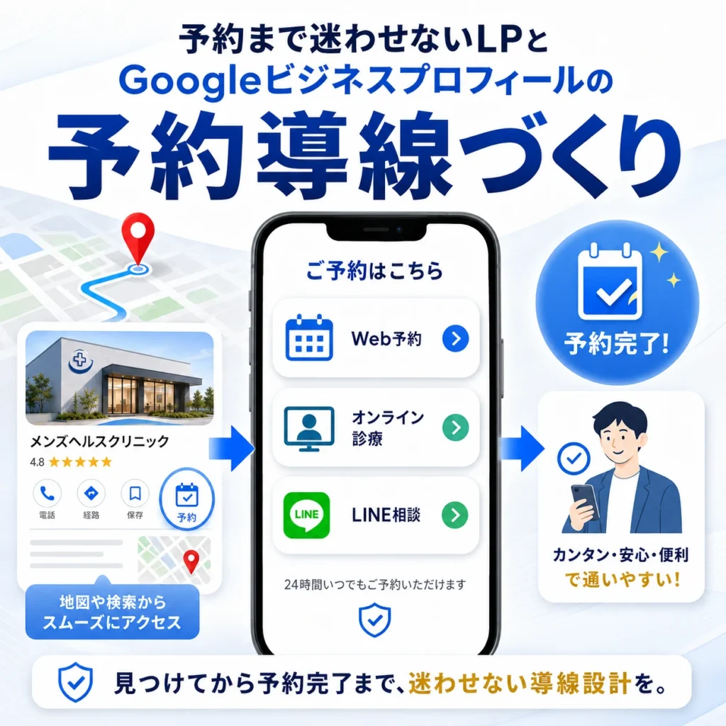 GoogleビジネスプロフィールやLPからWeb予約・オンライン診療・LINE相談へ迷わず進む予約導線のイラスト