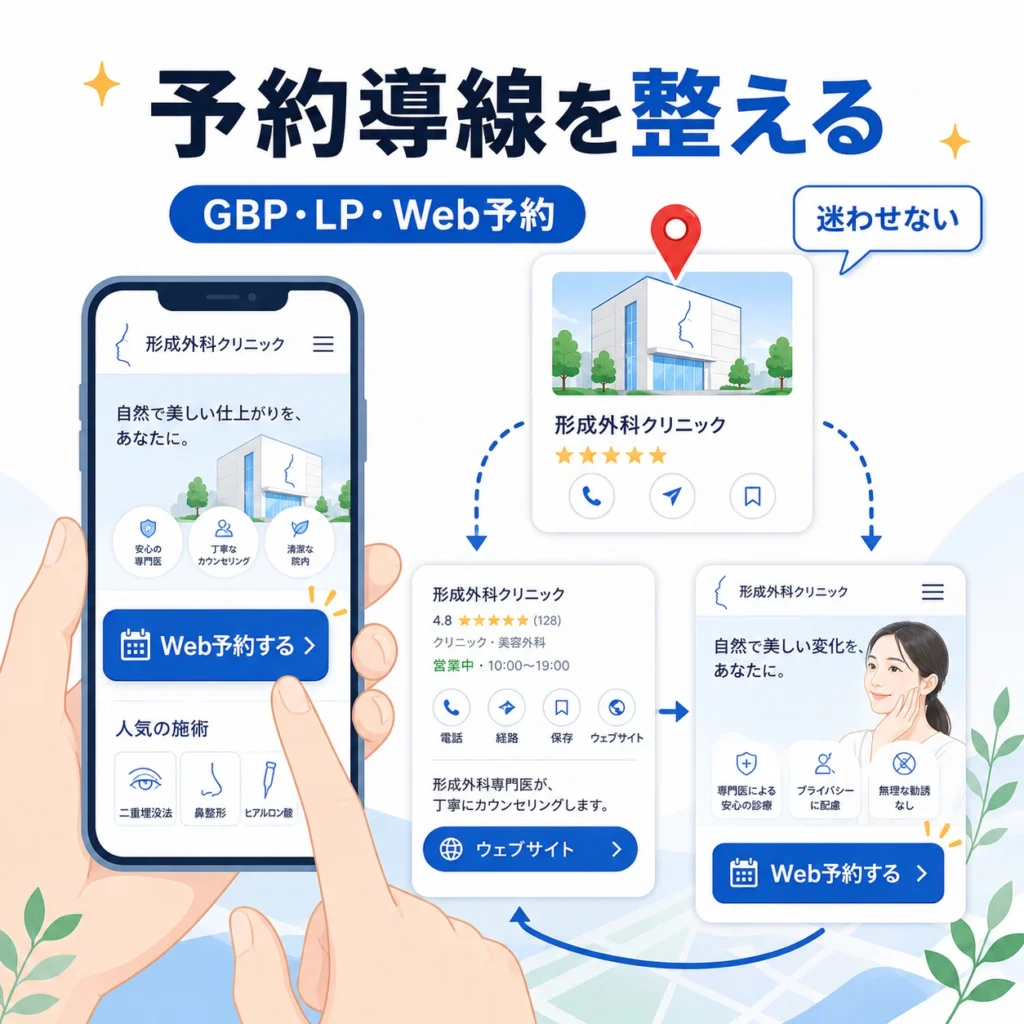 GBPやLPからWeb予約へ迷わず進める形成外科クリニックの予約導線を示すイラスト