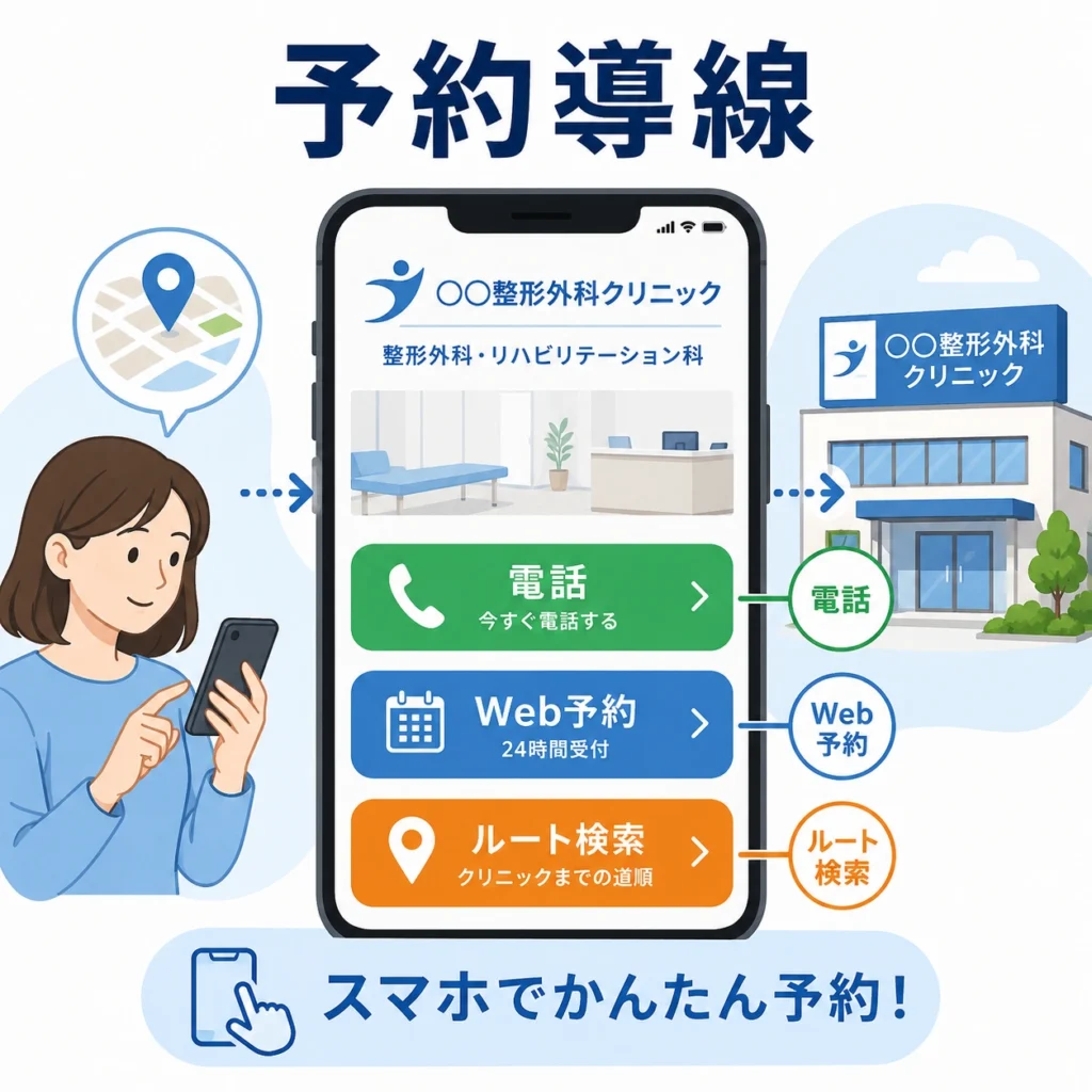 電話予約、Web予約、ルート検索へスマートフォンから迷わず進める整形外科の予約導線を示すイラスト