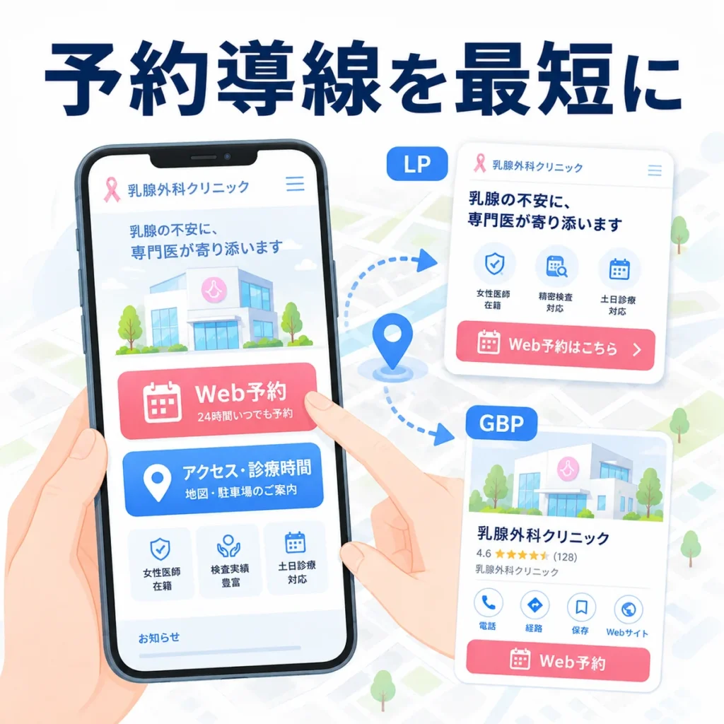 乳腺外科のLP・GBP・Web予約をつないで検査予約へ導く導線を示すイラスト