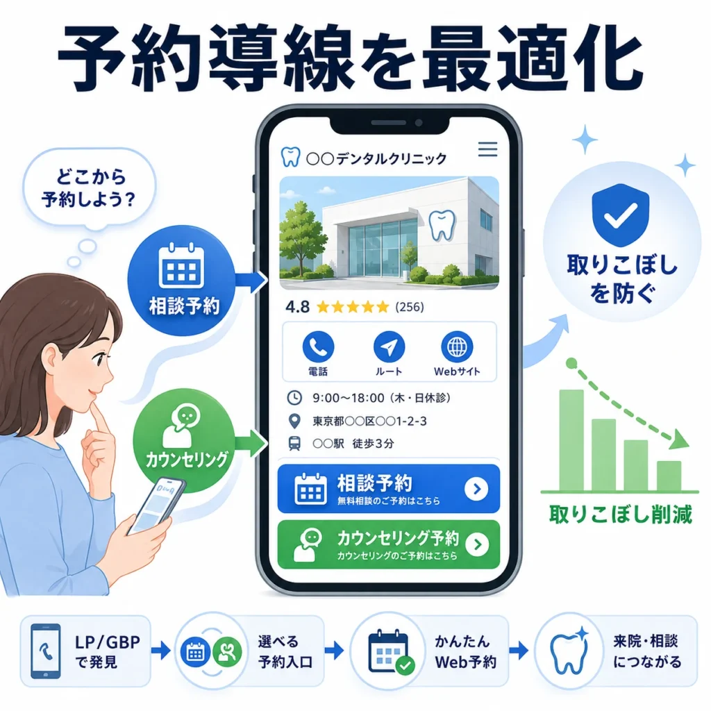 LPとGoogleビジネスプロフィールから相談予約・カウンセリング予約へ迷わず進む導線を示すイラスト