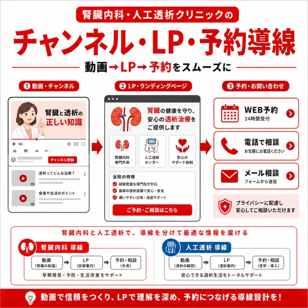 チャンネルからLP、予約や問い合わせへつなぐ導線設計を示すイラスト