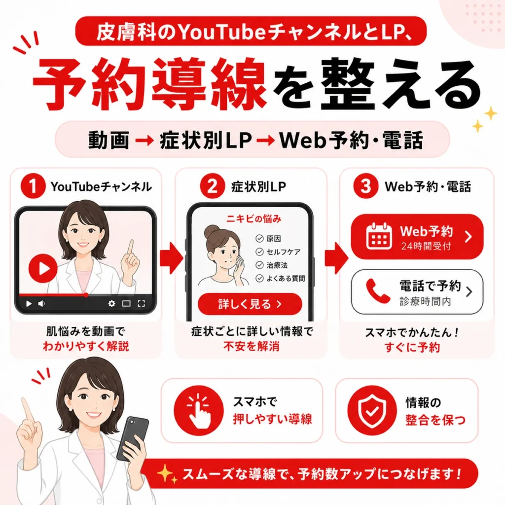 YouTubeチャンネルから症状別LPと予約導線を整える流れを示すイラスト