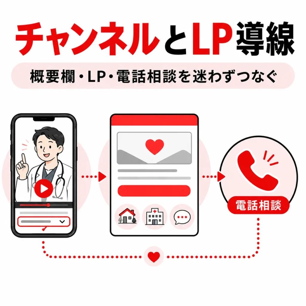 YouTube動画からLP、予約フォーム、法人問い合わせへつなげる導線を示すイラスト