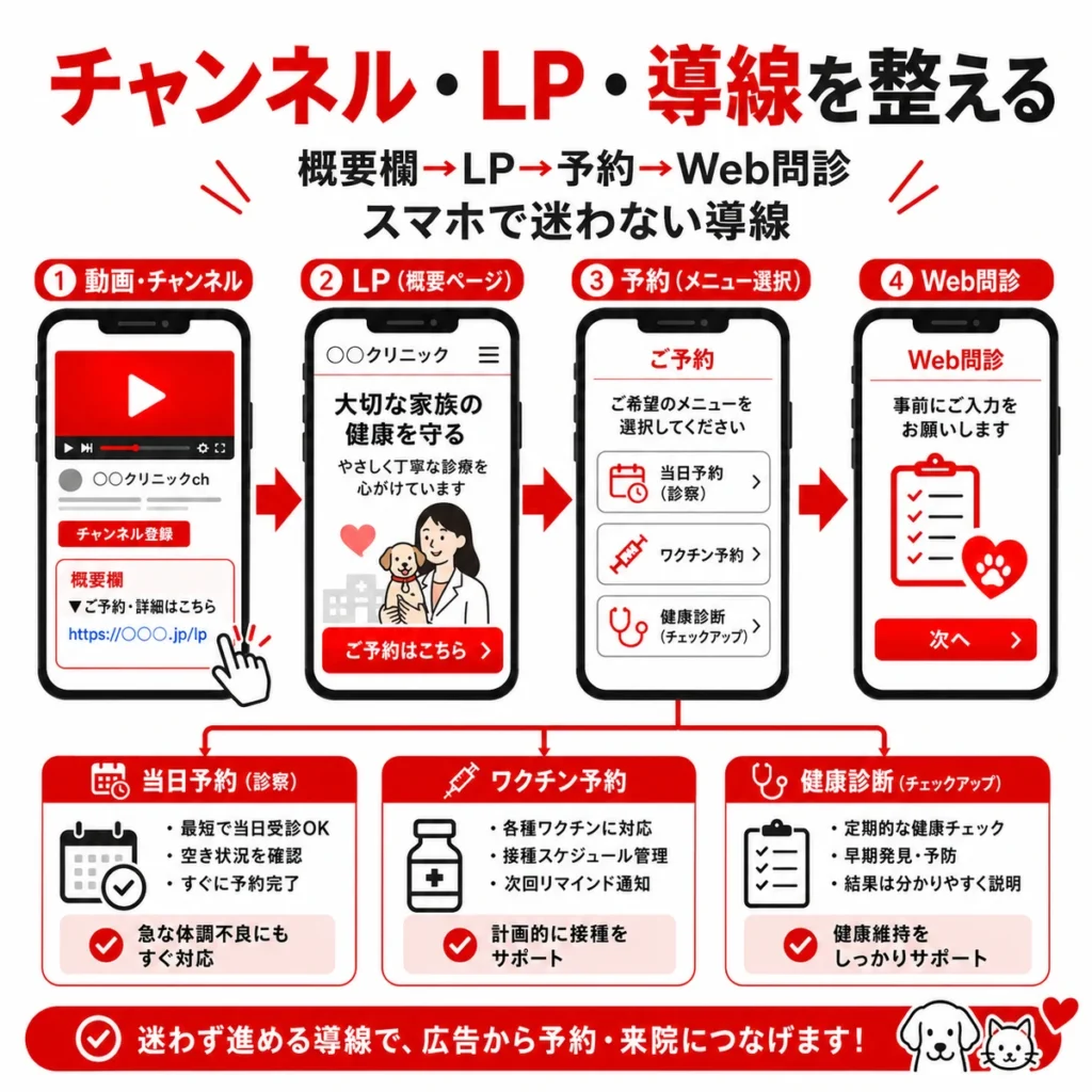 YouTubeチャンネルからLP、予約、Web問診まで迷わず進める導線を示すイラスト