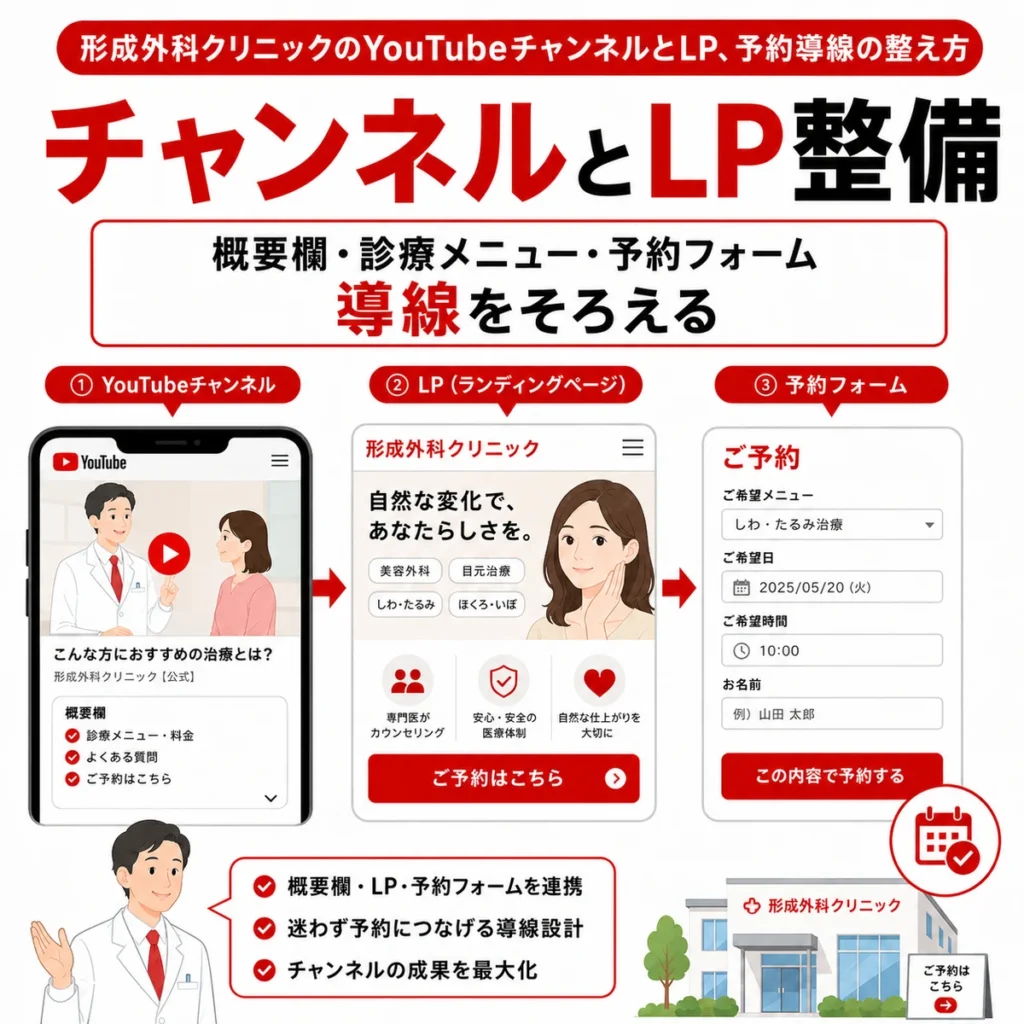 YouTubeチャンネルからLP、予約フォームまでの導線をそろえる形成外科クリニックの設計を示すイラスト
