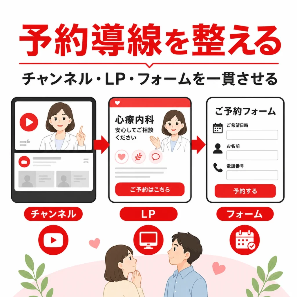 動画チャンネルからLPと予約フォームまでの導線を一貫させる流れを示すイラスト
