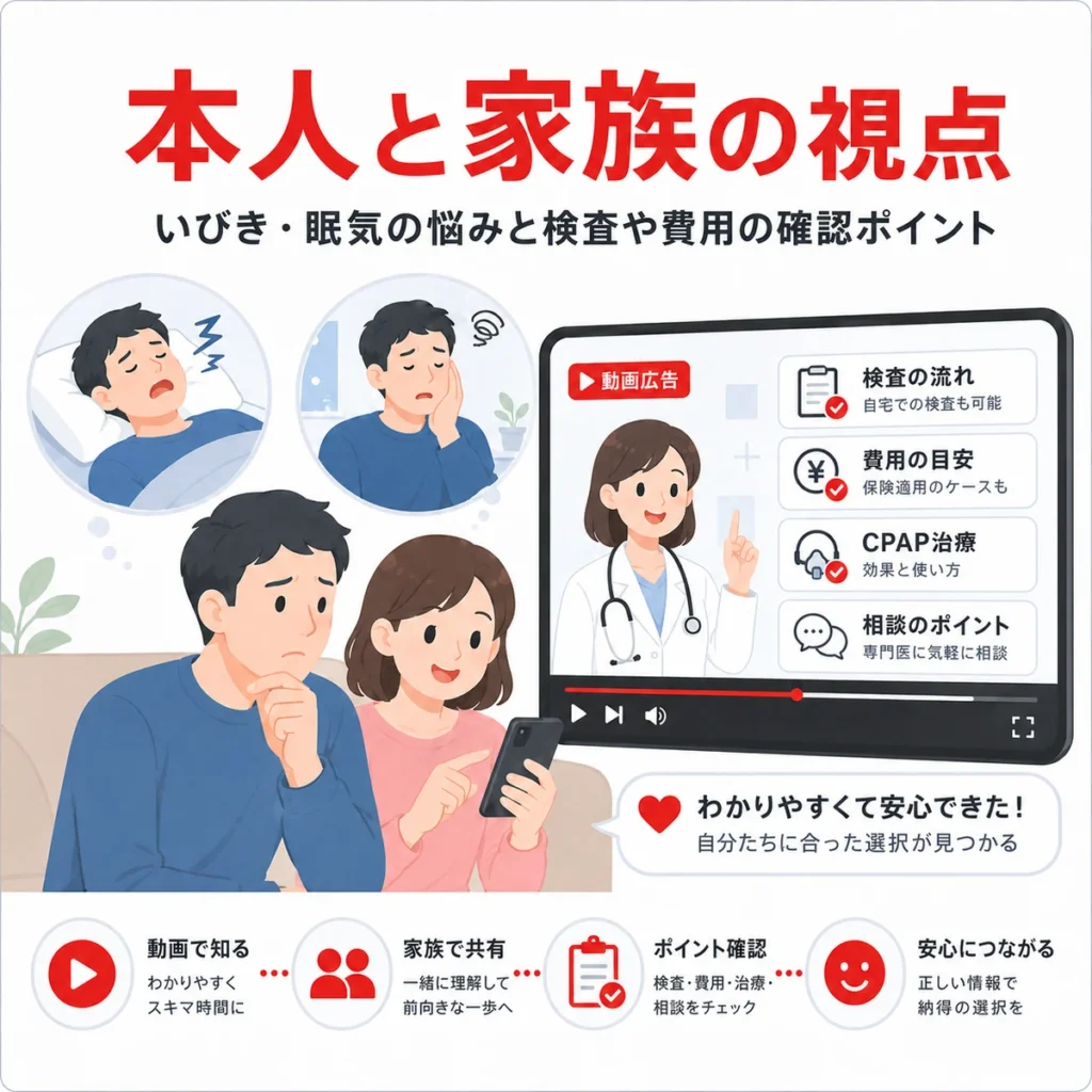 いびきや眠気に悩む本人と家族が動画広告で検査や費用の確認ポイントを見る様子を示すイラスト