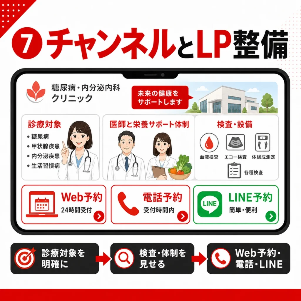 チャンネルとLPで診療対象や検査体制を見せWeb予約や電話予約へ導く流れを示すイラスト