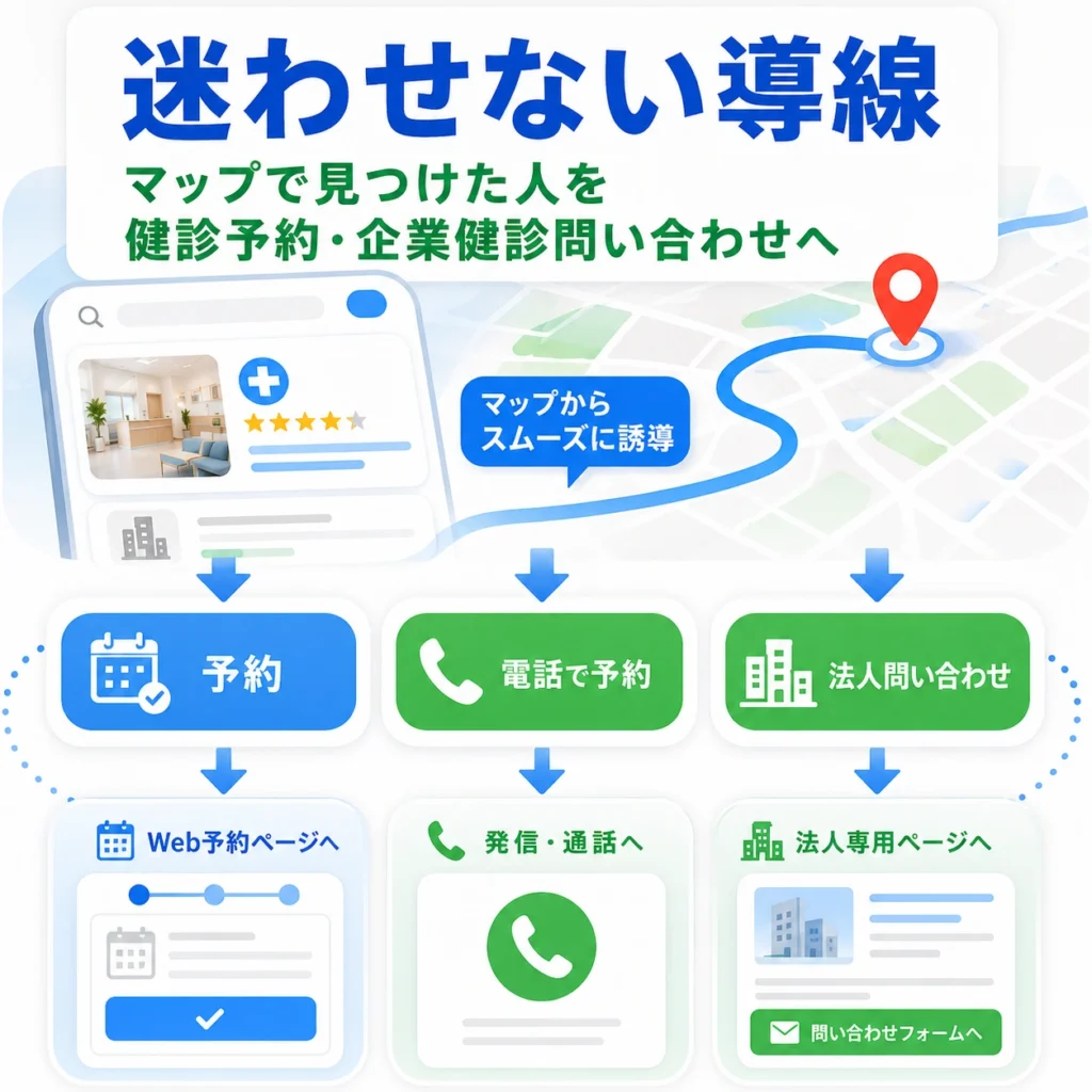 マップで見つけた人を健診予約や企業健診問い合わせへ迷わせず誘導する流れを示すイラスト