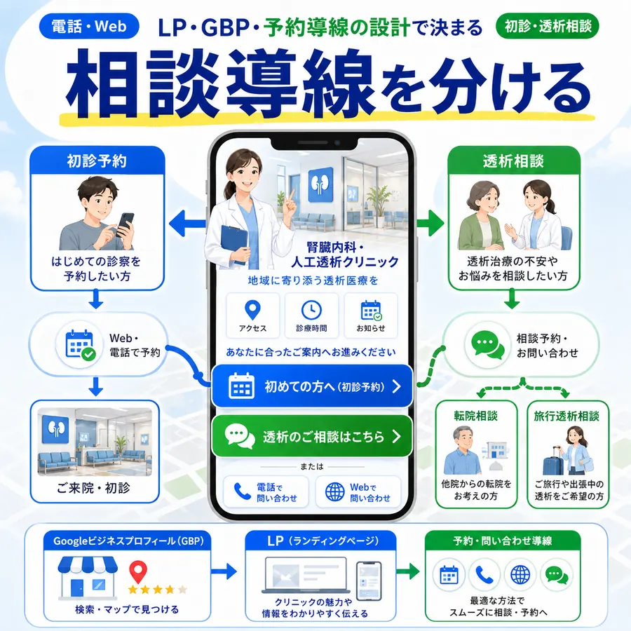 初診予約・透析相談・転院相談・旅行透析相談の導線を分けて予約につなげる設計を示すイラスト