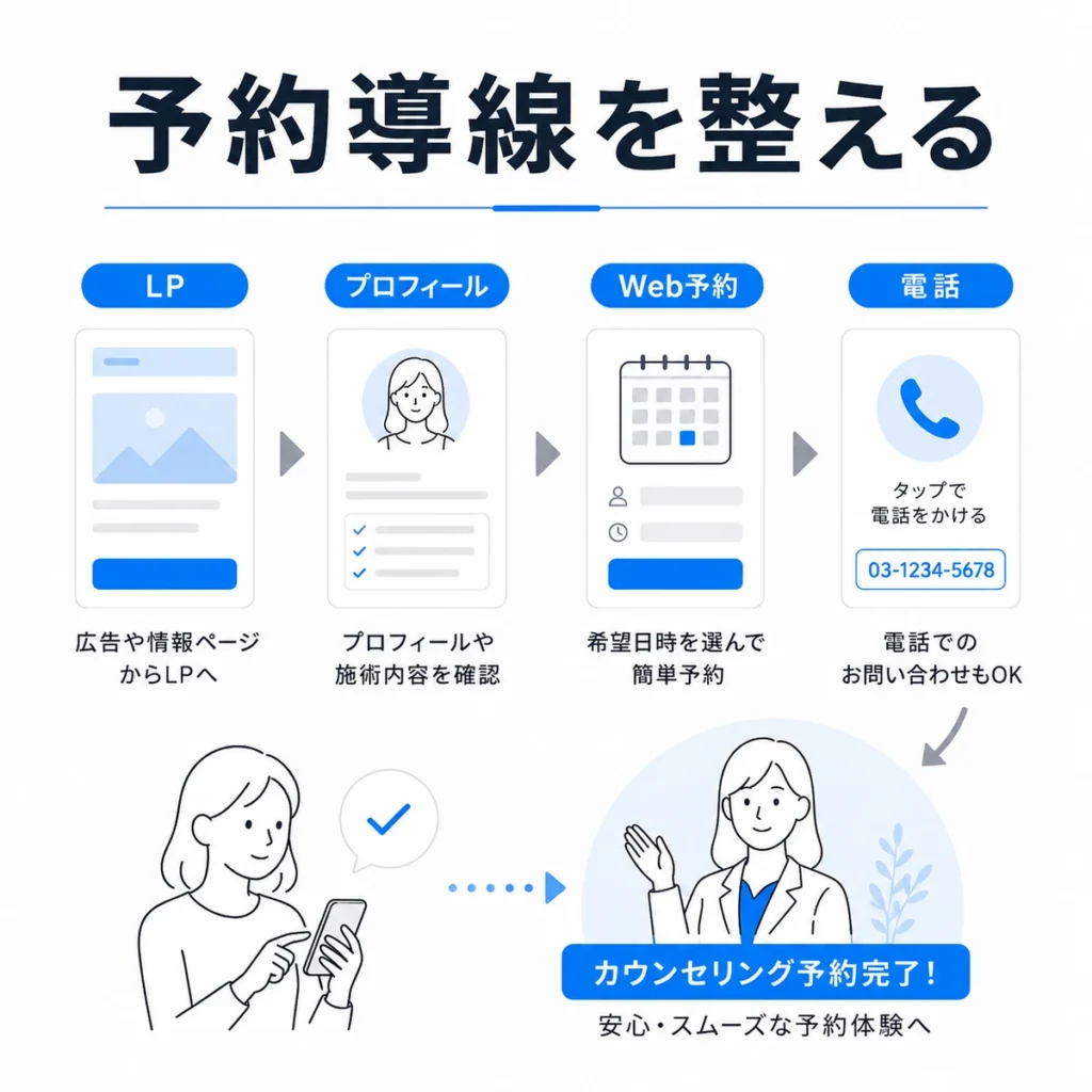 LP、プロフィール、Web予約、電話をつなぐカウンセリング予約導線を示すイラスト