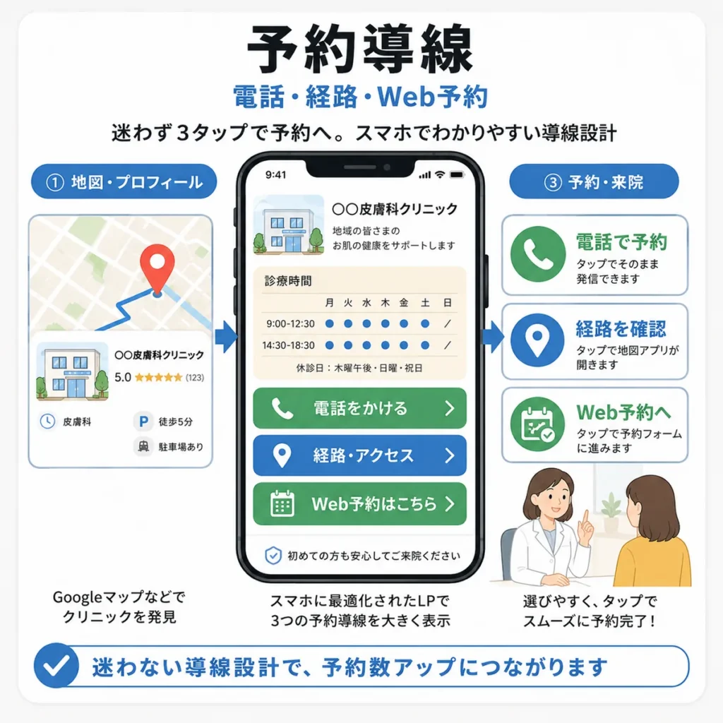 皮膚科のLP・GBPから電話・経路・Web予約へ迷わず進める予約導線を示すイラスト