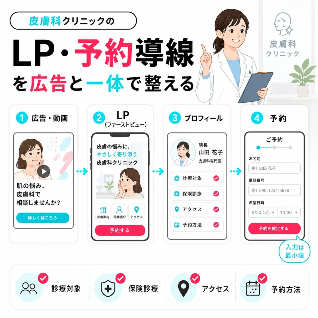 広告動画からLPやプロフィールを経て予約へつなげる導線設計を示すイラスト