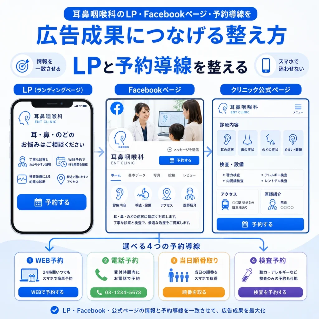 耳鼻咽喉科のLP、Facebookページ、公式ページ、予約導線を広告成果につなげる整備方法を示すイラスト