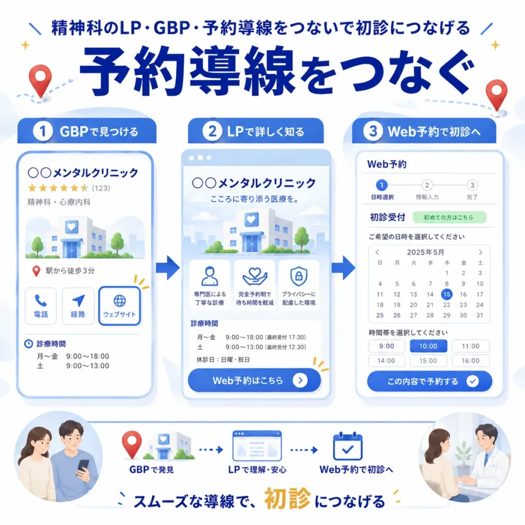 GBPからLP、Web予約までをつなぎ精神科の初診予約へ進める導線を示すイラスト