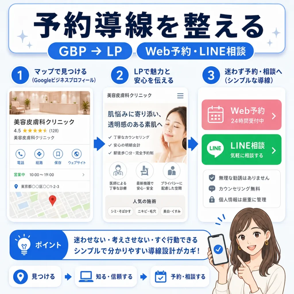 GoogleビジネスプロフィールからLP、Web予約やLINE相談へ迷わず進める美容皮膚科の予約導線を示すイラスト