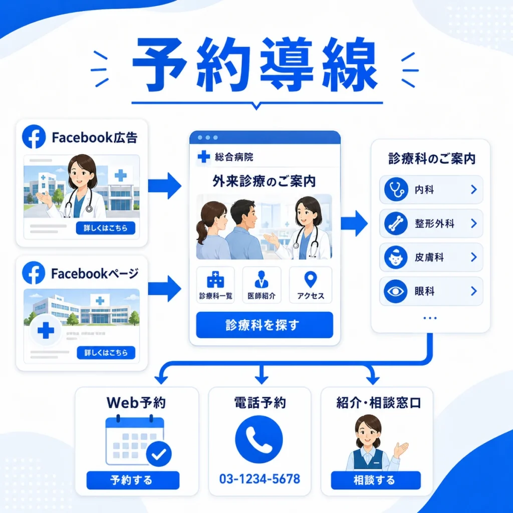 LPやFacebookページから外来予約へつなげる予約導線を示すイラスト