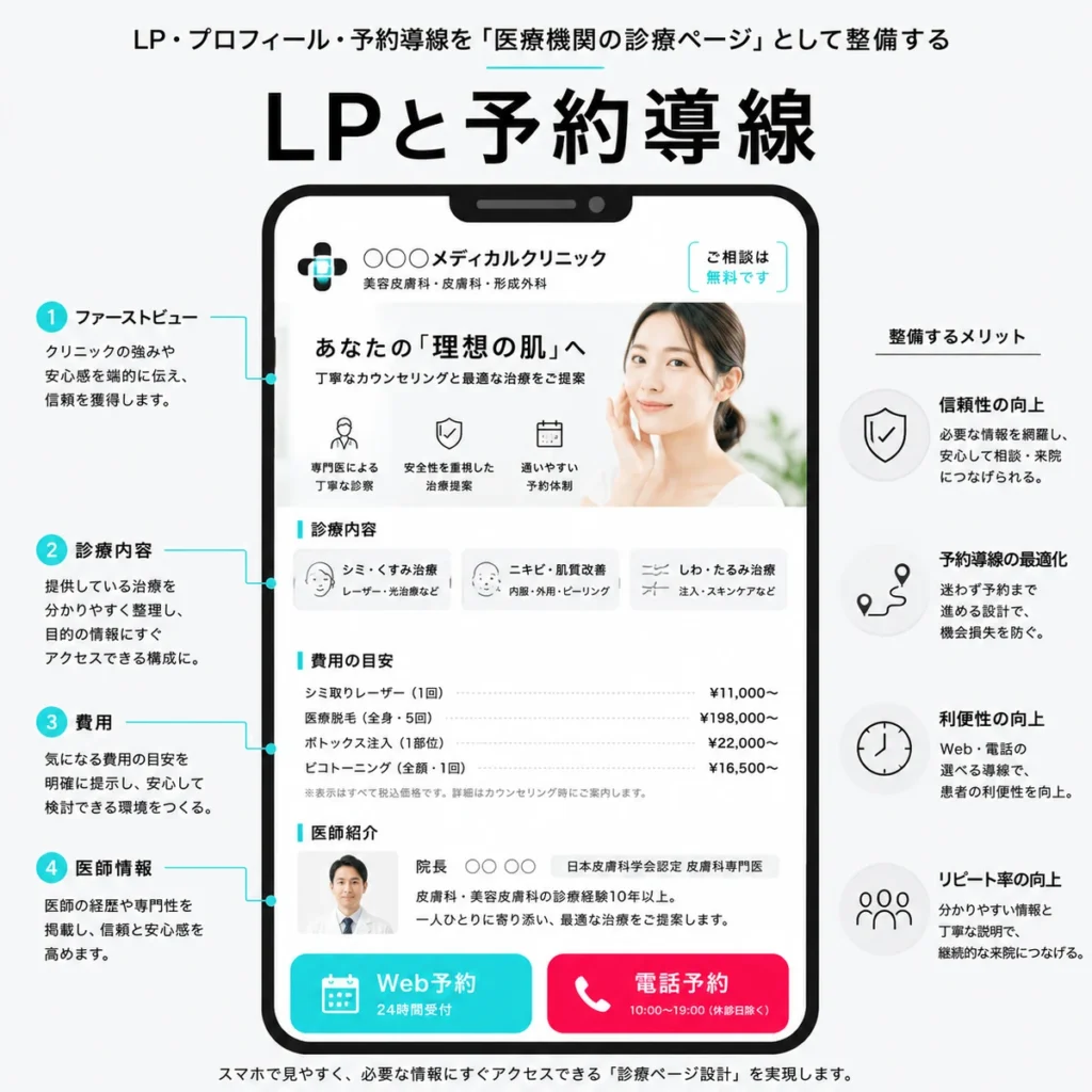 医療機関の診療ページとしてLPやプロフィール、Web予約と電話予約の導線を整備するイラスト
