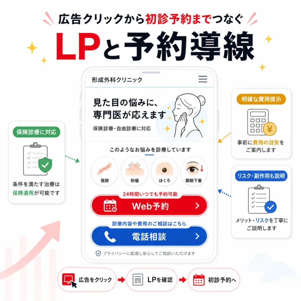 広告クリック後にLPで診療内容を確認し、Web予約や電話相談へ進む導線を示すイラスト
