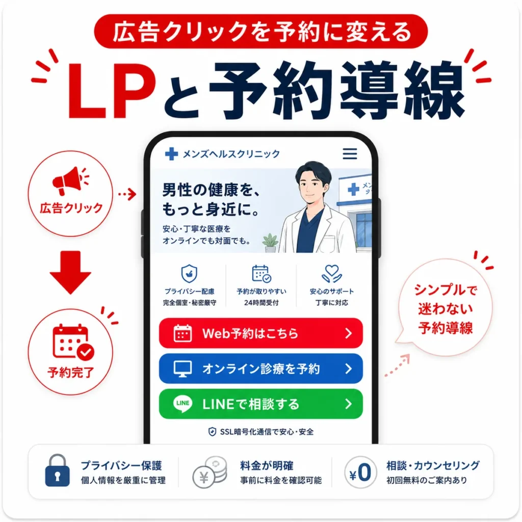 広告クリックをWeb予約やオンライン診療予約へつなげるLPと予約導線のイラスト