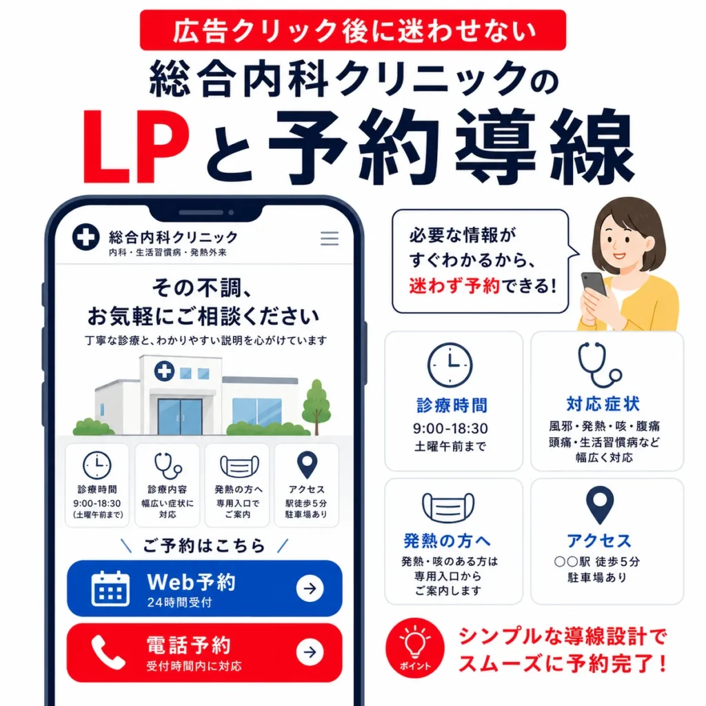 広告クリック後に患者を迷わせない総合内科クリニックのLPと予約導線を示すイラスト