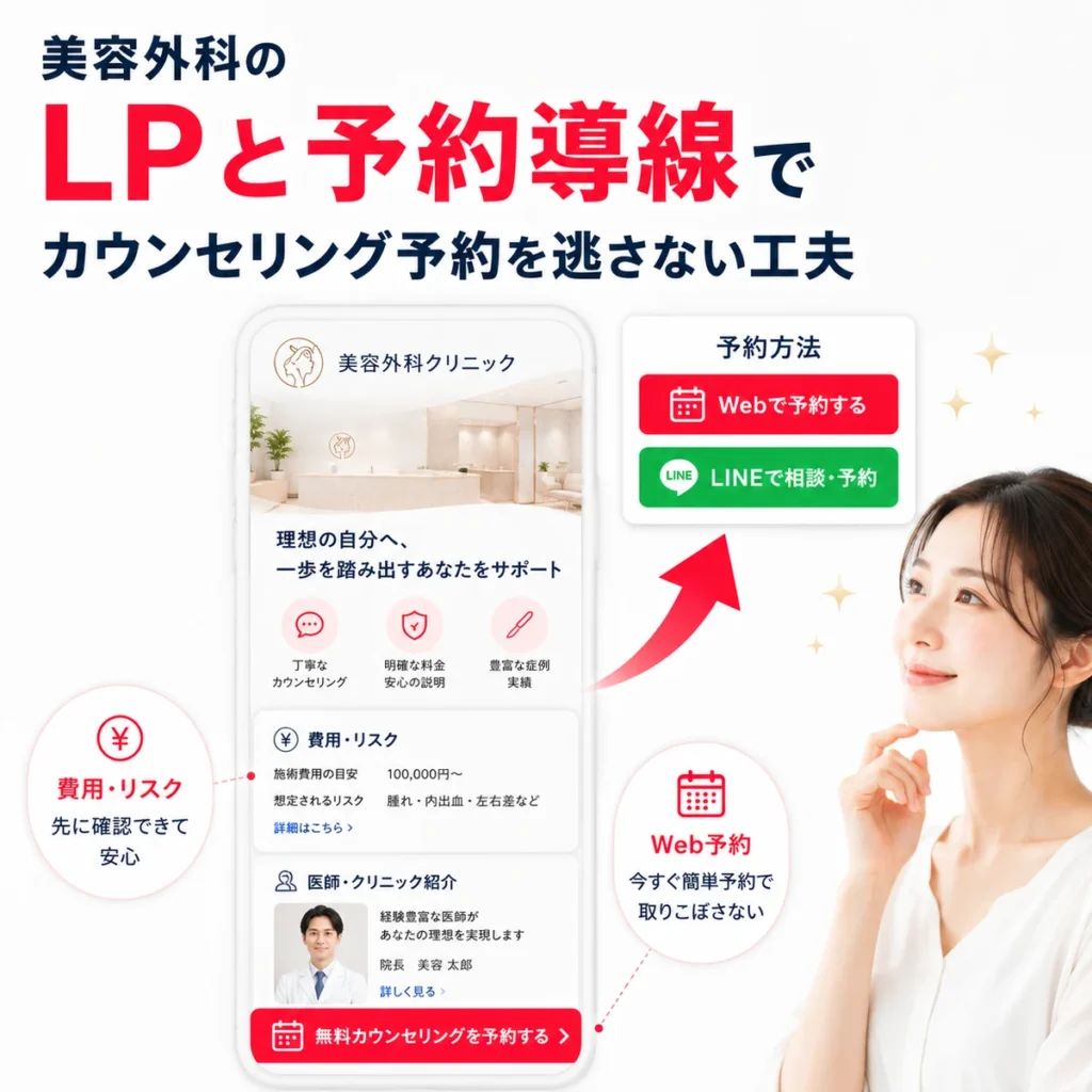 美容外科のLPと予約導線でカウンセリング予約を逃さない工夫を示すイラスト