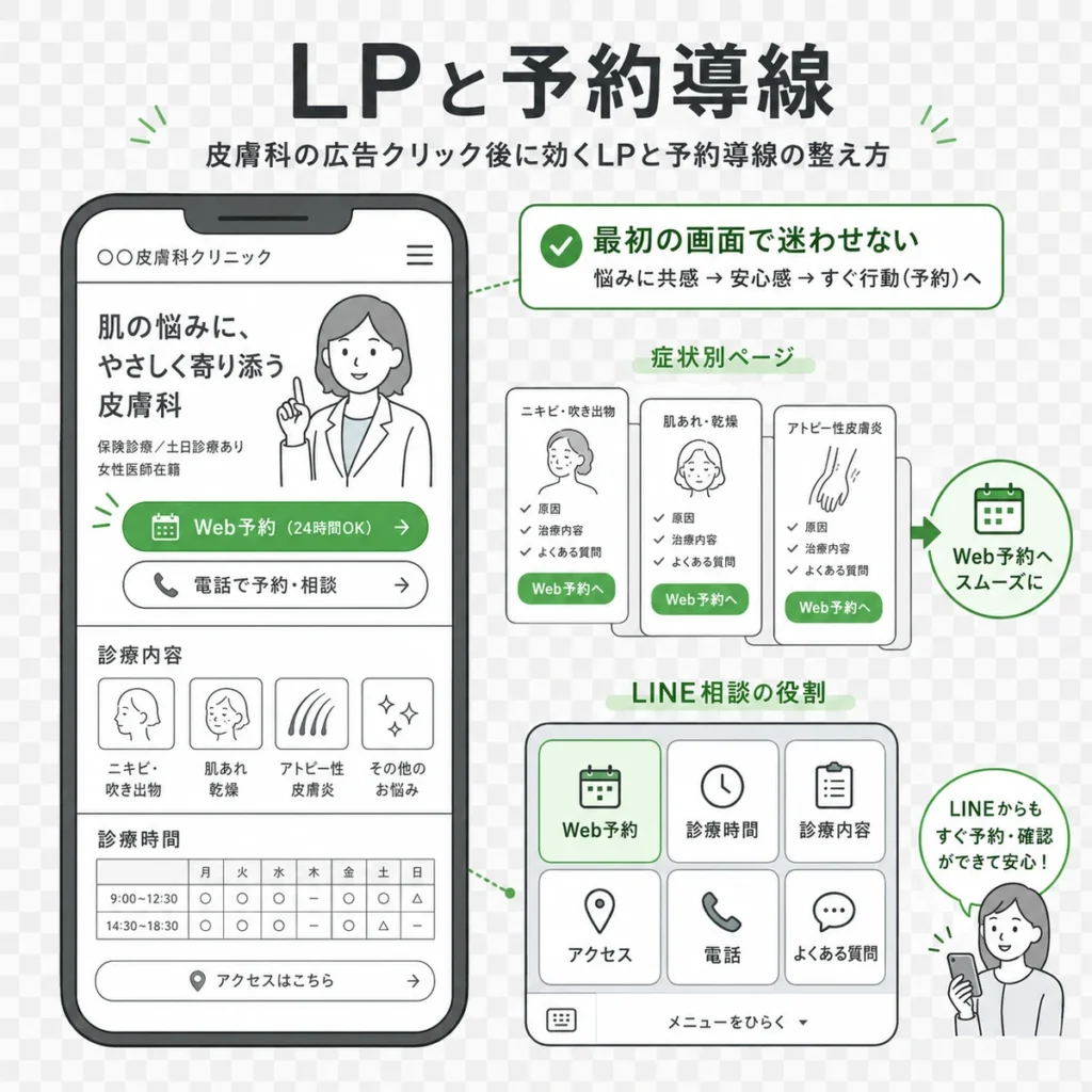 皮膚科の広告クリック後にLPで診療内容やWeb予約や電話導線を迷わず確認できる構成を示すイラスト
