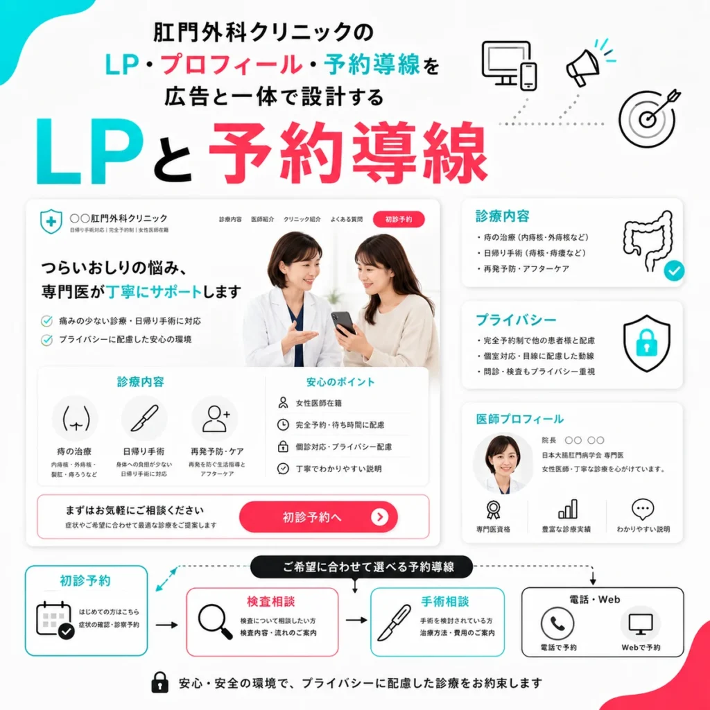 肛門外科クリニックのLP、プロフィール、予約導線を広告と一体で設計する流れを示すイラスト