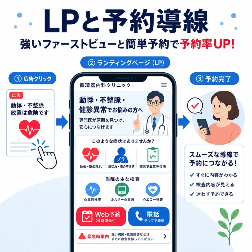 循環器内科のLPで対応症状や検査内容を示しWeb予約や電話導線につなげる流れ