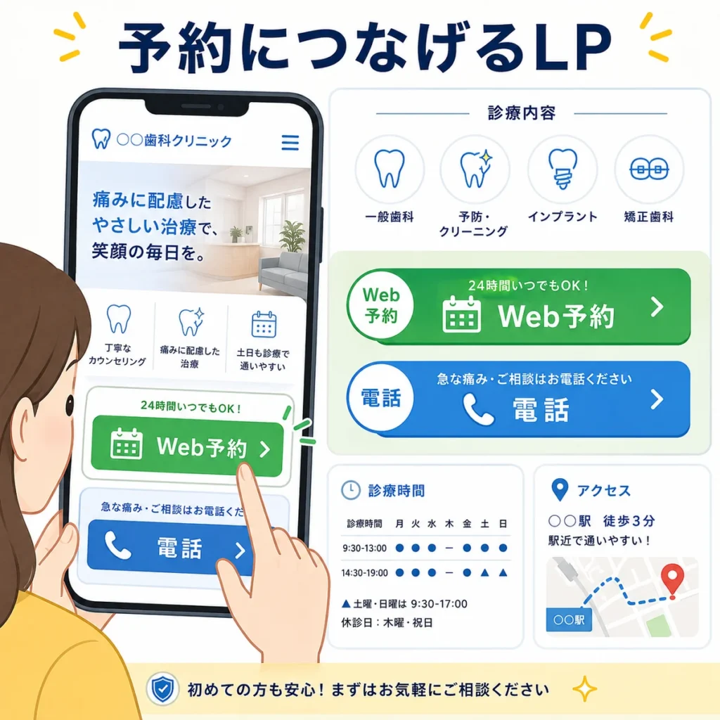 広告クリック後のLPでWeb予約・電話・診療時間・アクセスを分かりやすく示す予約導線のイラスト