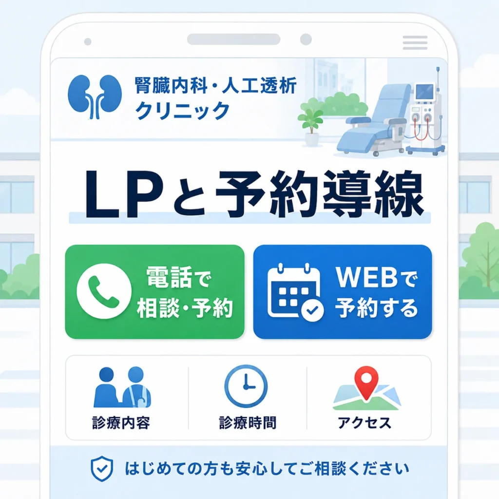 腎臓内科・人工透析クリニックのLPで電話相談とWeb予約への導線を分かりやすく示すイラスト