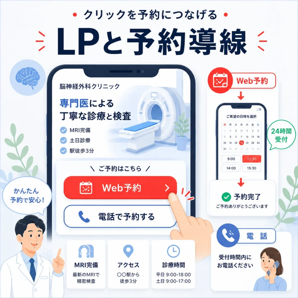 スマートフォンのLPからWeb予約や電話予約へつなげる導線を示すイラスト