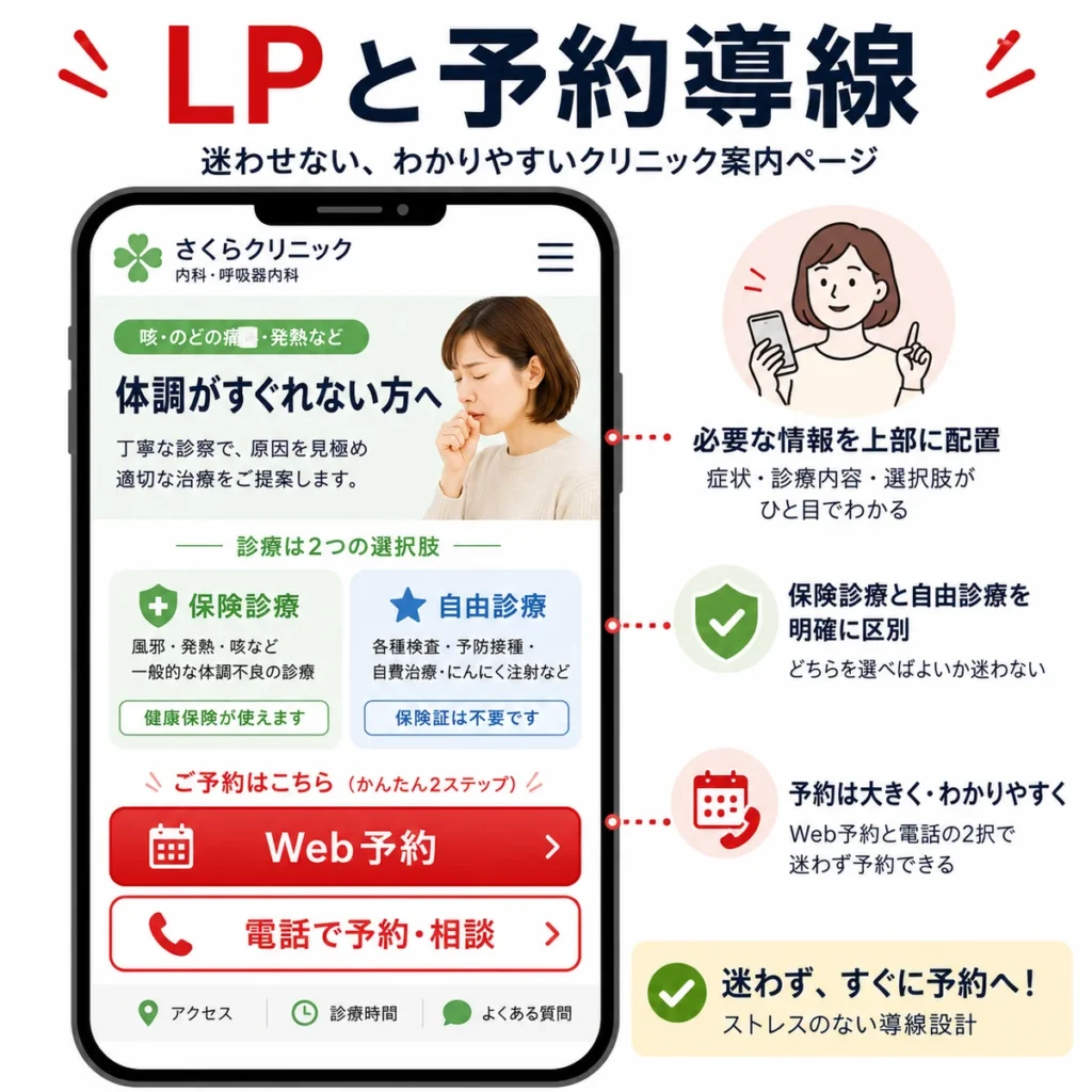 皮膚科クリニックのLPでWeb予約と電話導線を分かりやすく配置する方法を示すイラスト