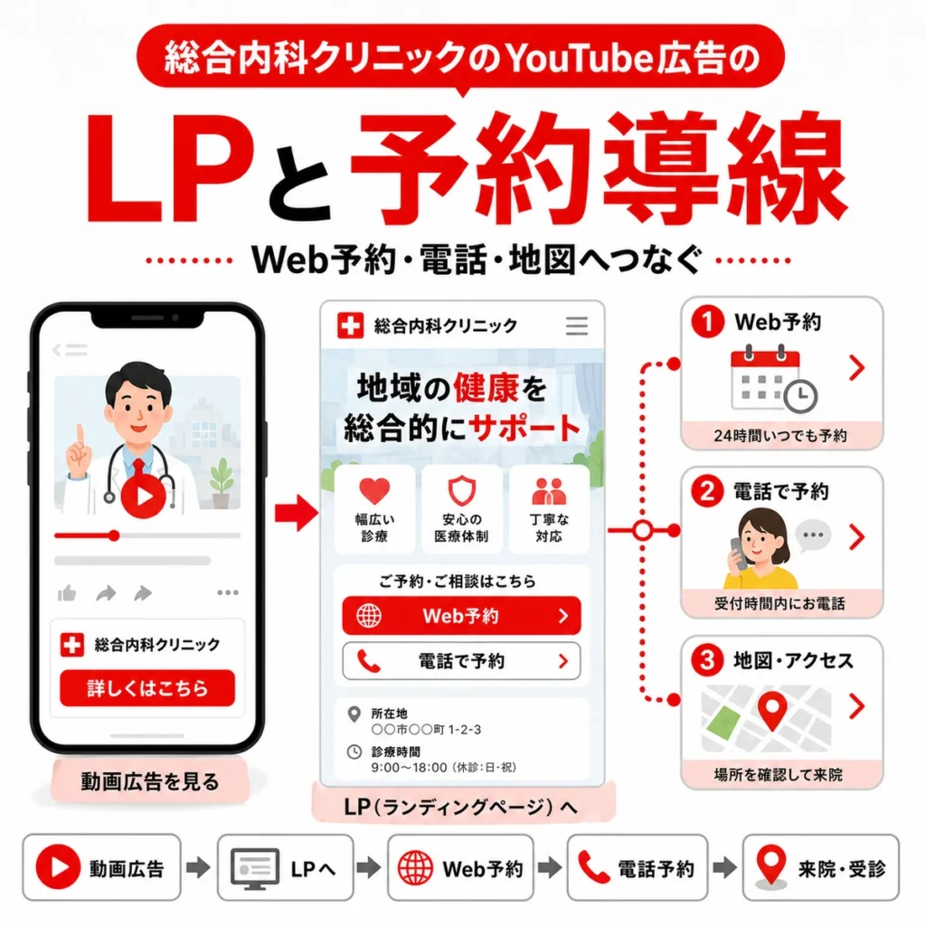 YouTube広告からLPへ誘導しWeb予約や電話予約や地図導線につなげる流れを示すイラスト