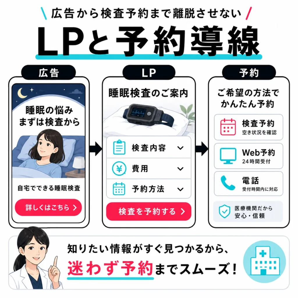 広告からLPを経由して検査予約へ進む睡眠外来の予約導線を示すイラスト