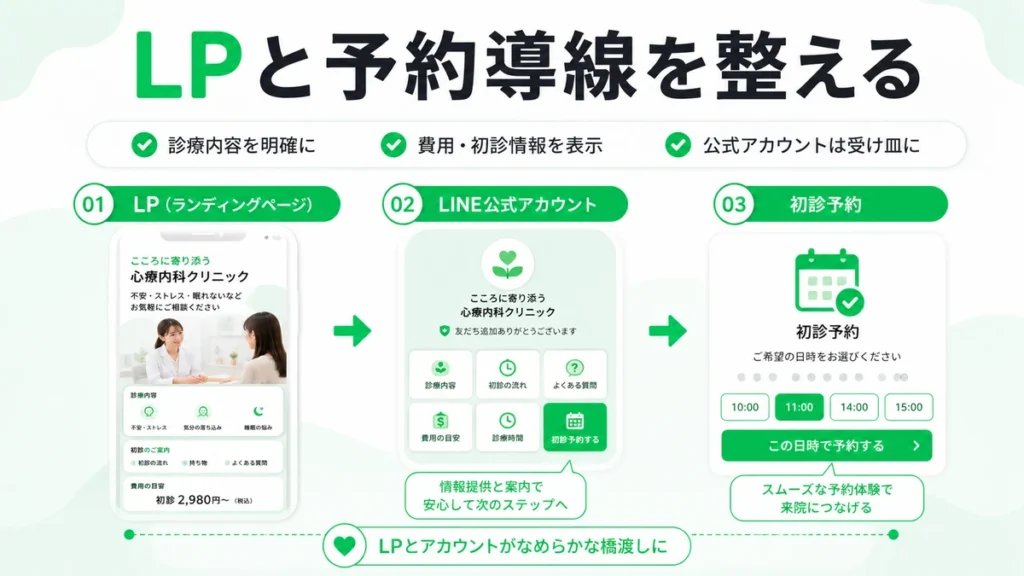 LPとLINE公式アカウントから初診予約へつなげる導線を3ステップで示す図解