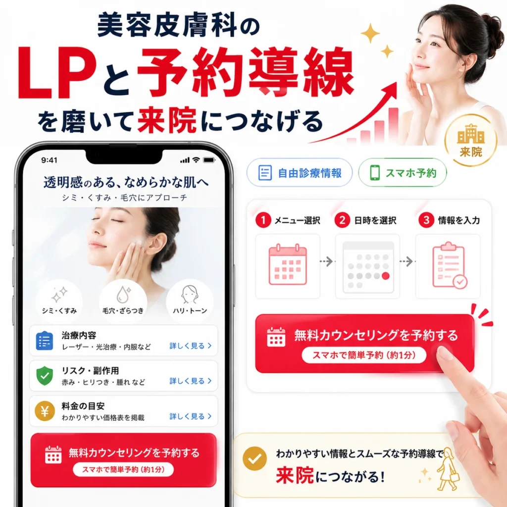 美容皮膚科のLPとカウンセリング予約導線を整えて来院につなげる流れを示すイラスト