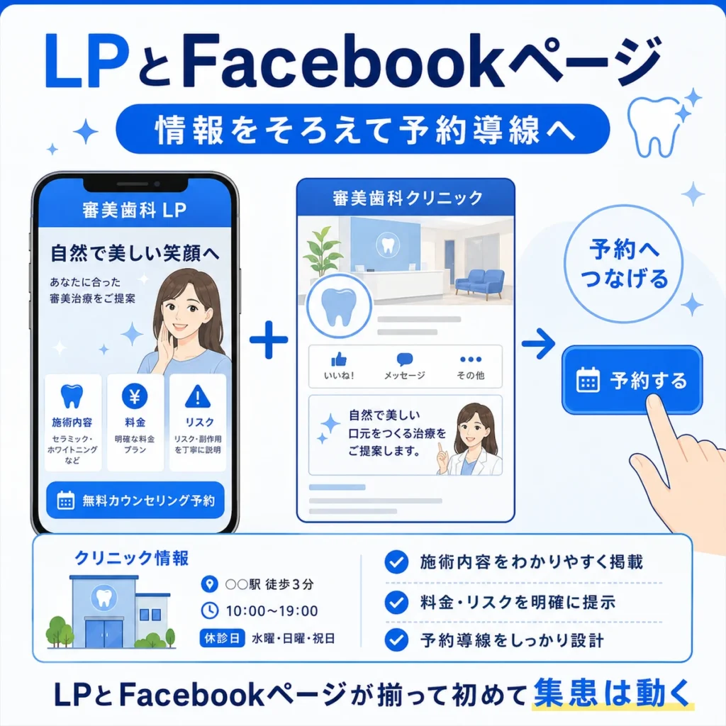 審美歯科LPとFacebookページの情報をそろえて予約導線につなげる流れを示すイラスト