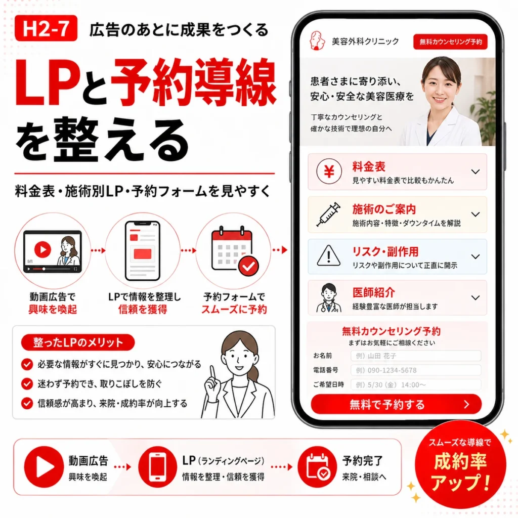 広告後にLPと予約導線を整えてカウンセリング予約へつなげる流れを示すイラスト