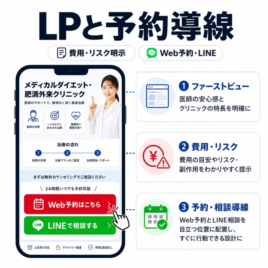メディカルダイエットのLPで費用やリスクを示し、Web予約やLINE相談へ誘導する導線設計を示すイラスト