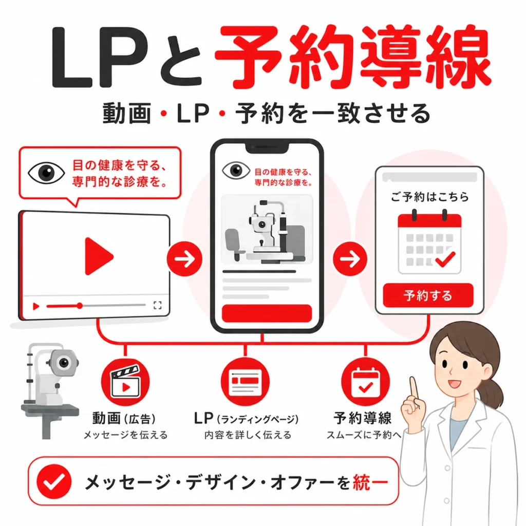 YouTube広告からLP、予約導線までを一致させて眼科予約へつなげる流れを示すイラスト