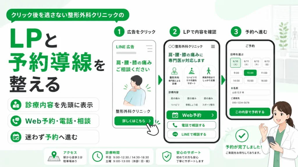 広告クリック後のLP確認から予約完了までの導線を示すイラスト