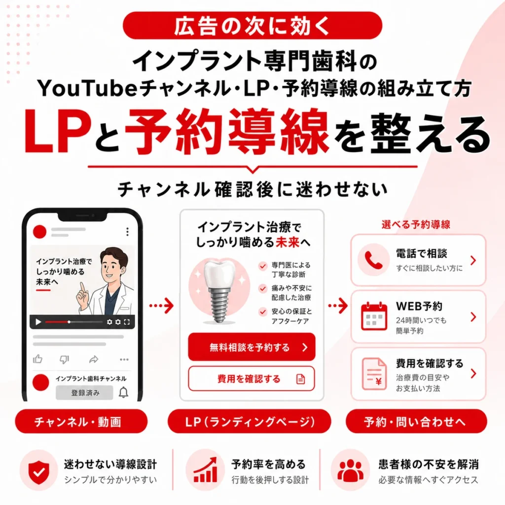 YouTubeチャンネルからLPと予約導線へつなげるインプラント専門歯科の設計を示すイラスト