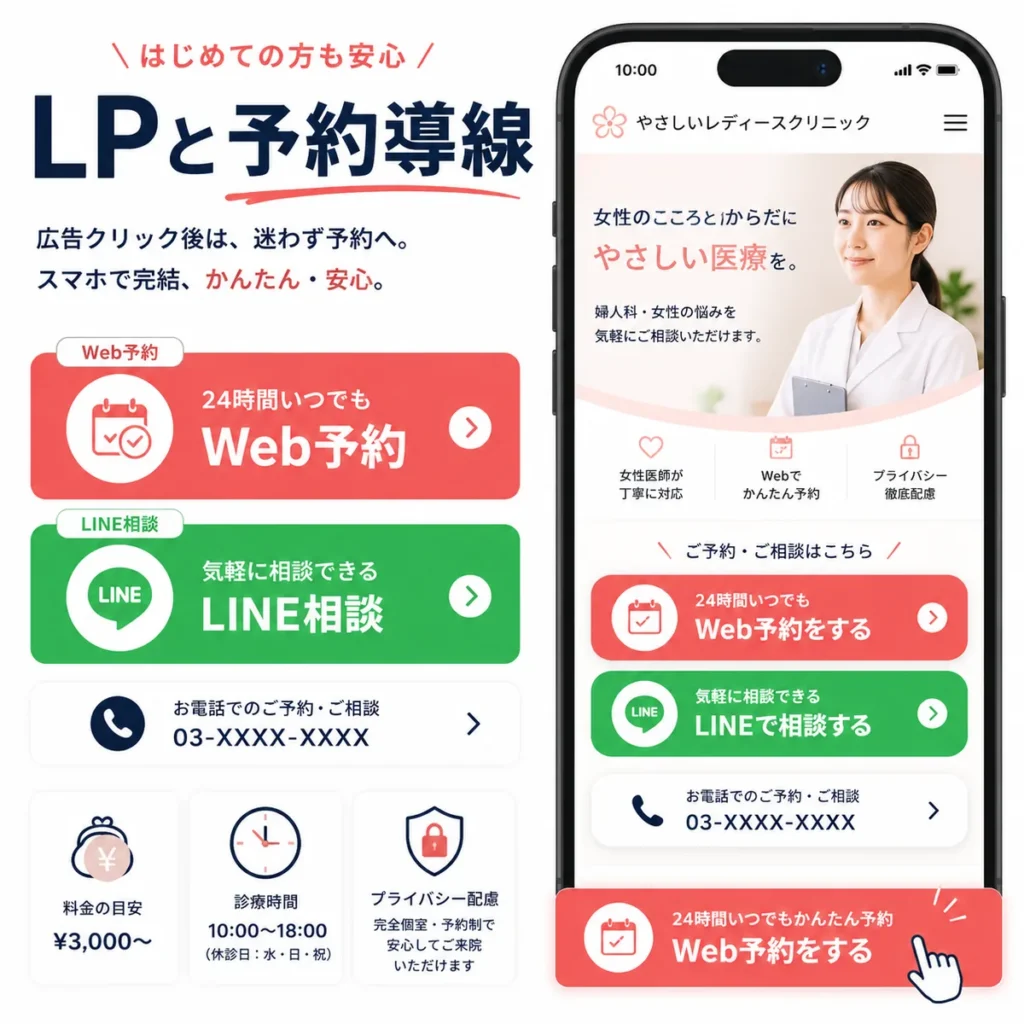レディースクリニックのLPでWeb予約・LINE相談・電話導線をスマホで分かりやすく整えるイラスト