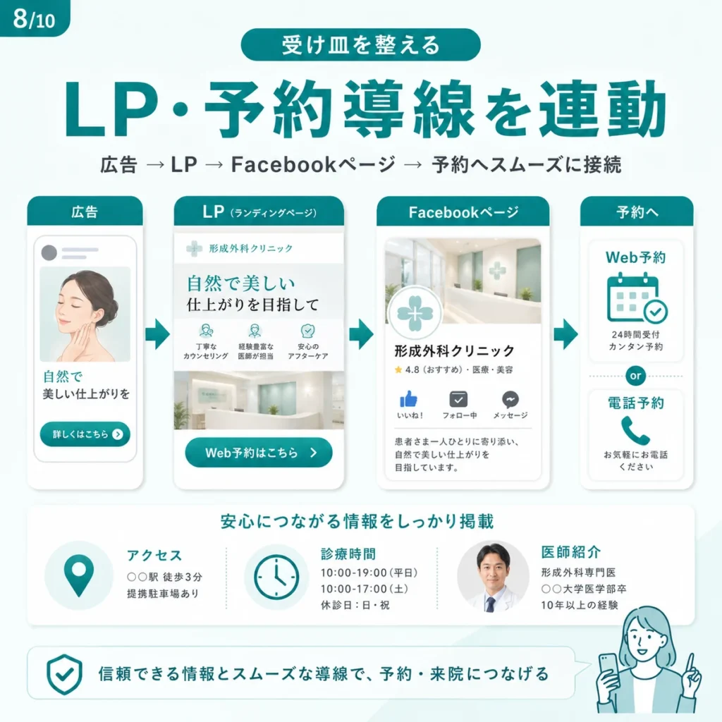 広告からLP・Facebookページ・Web予約・電話予約へつなぐ導線設計を示すイラスト
