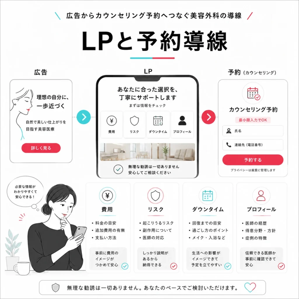 美容外科広告からLPで費用やリスクを確認しカウンセリング予約へ進む導線を示すイラスト