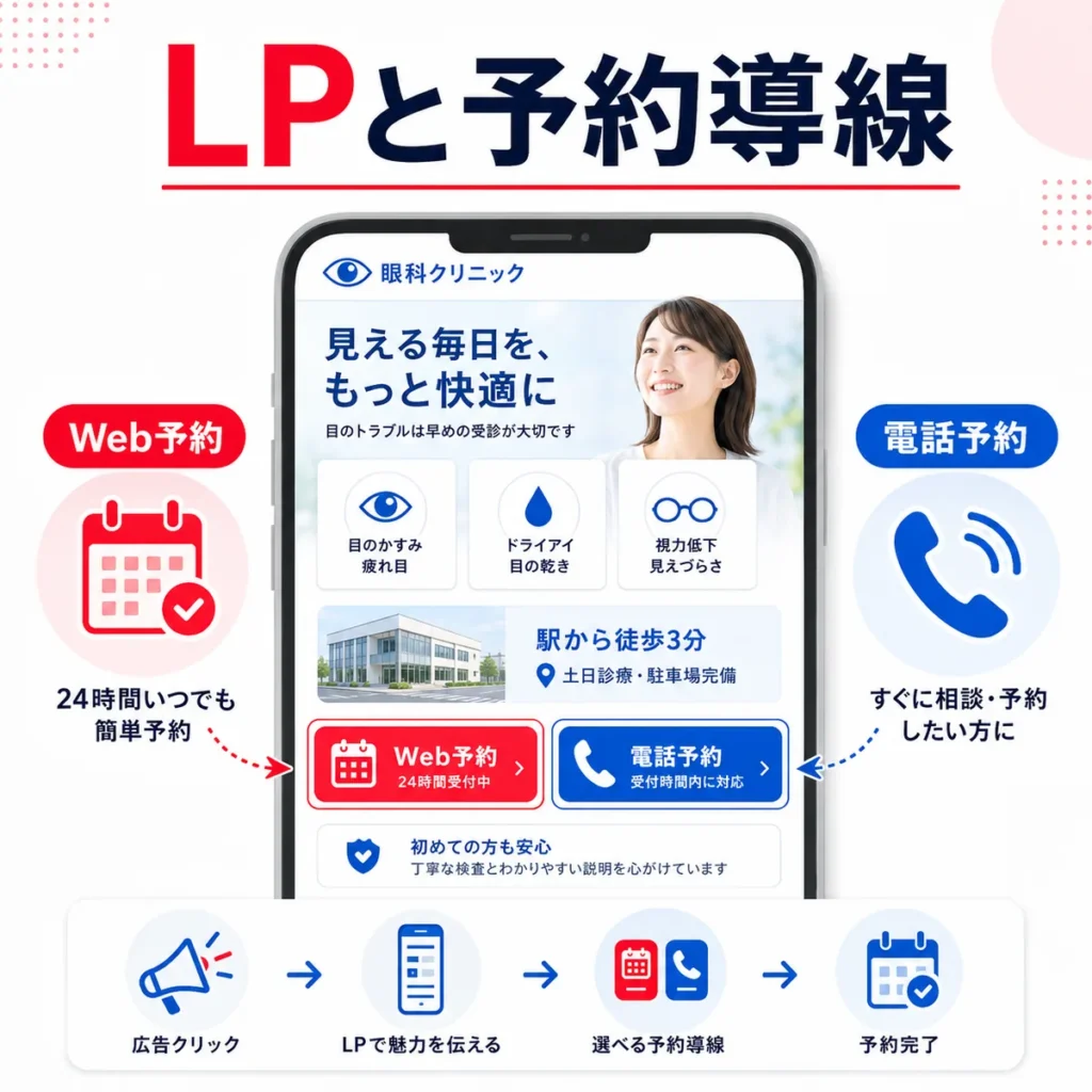 広告クリック後に眼科LPからWeb予約・電話予約へ進める導線を示すイラスト